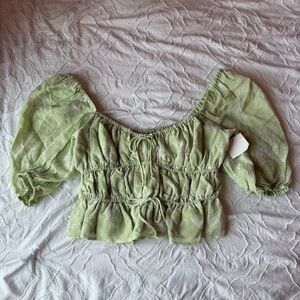 Wayf Green Smocked Blouse Tie Detail Puff Sleeve